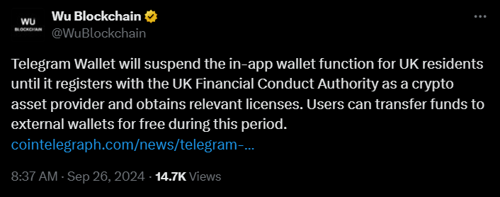 Telegram Wallet Suspends In-App Functionality for UK Residents