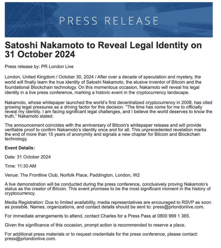 Not the Name, But the Proof: Satoshi Nakamoto to Reveal 'Legal Identity' in Historic Bitcoin Event