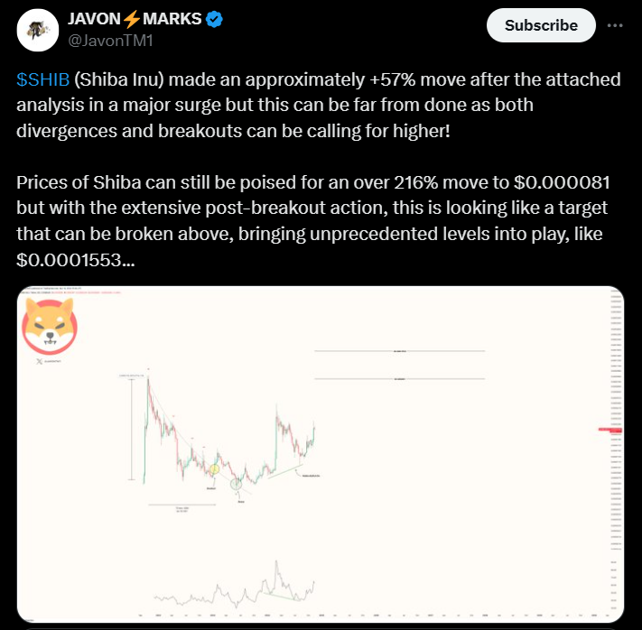 Shiba Inu Isn't Done Yet, Analyst Projects Potential 216% Surge To $0.000081
