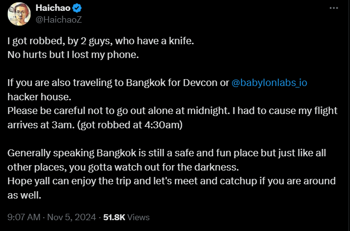 Crypto Co-Founder Robbed in Bangkok, Issues Warning to Devcon Attendees