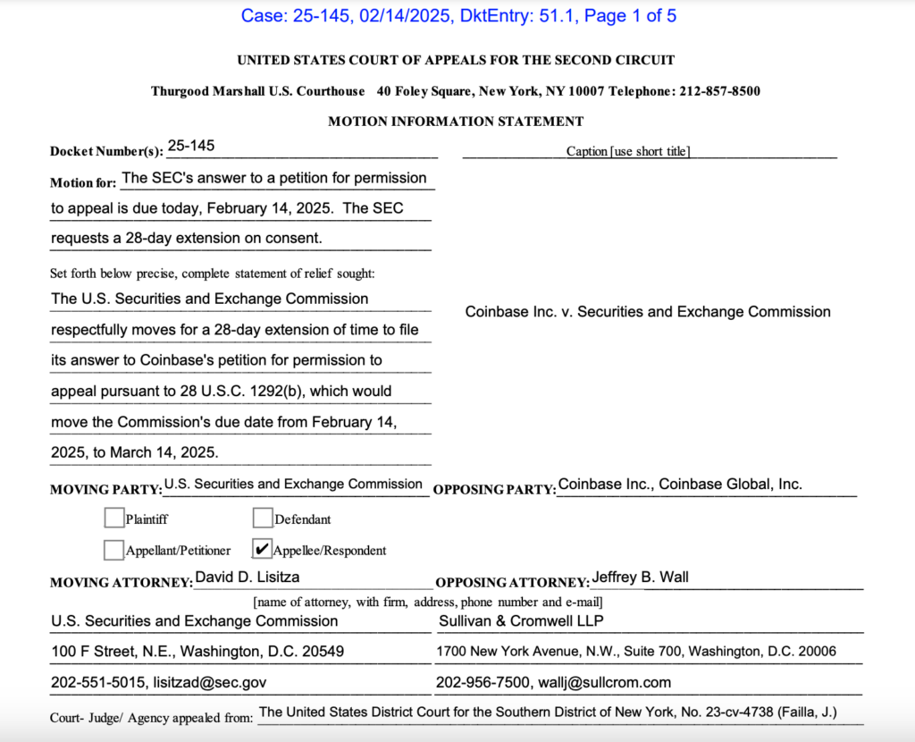 SEC Seeks 28-Day Delay to Review Coinbase Appeal in Crypto Lawsuit