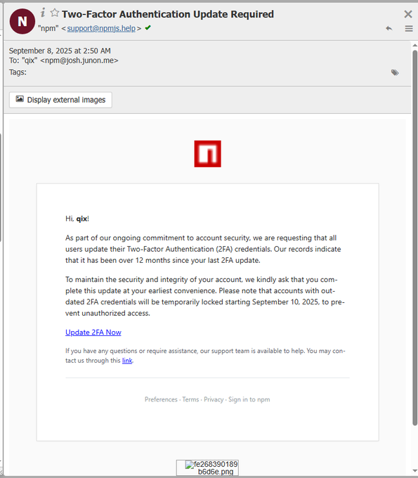 Screenshot of the phishing email received by Josh “qix” Junon, which led to the NPM supply chain attack targeting crypto projects.